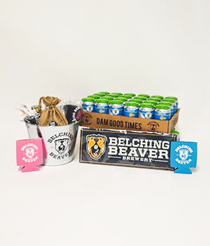 Basket with beer related items from Belching Beaver