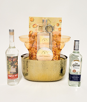 Basket with margarita and fall cocktail items