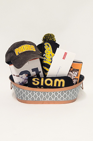 Basket with gear to support the San Diego Padres